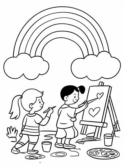Coloring page depicting children painting hearts under a kindness-themed rainbow