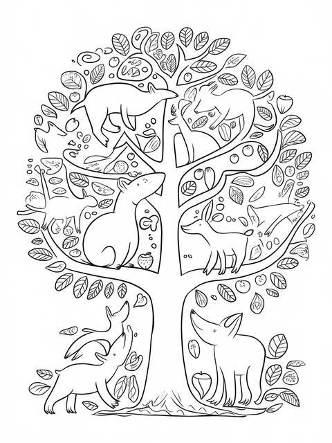 Whimsical tree illustration with animals, fruits, and leaves, titled 'kindness' coloring page