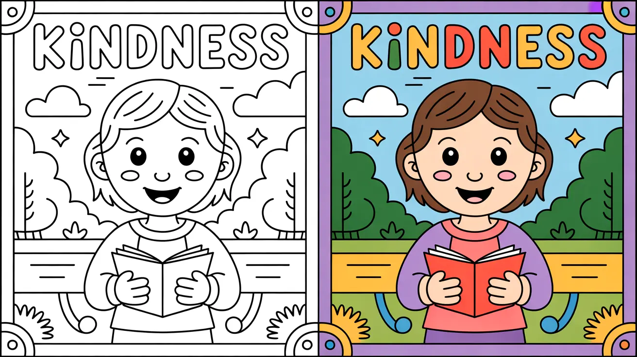 Kindness coloring page: a girl reading a book, with a colored and uncolored panel