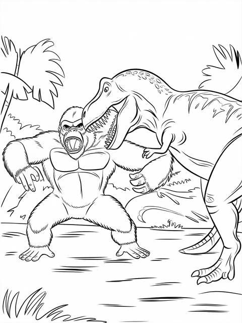 King kong battling a tyrannosaurus rex in a black and white illustration