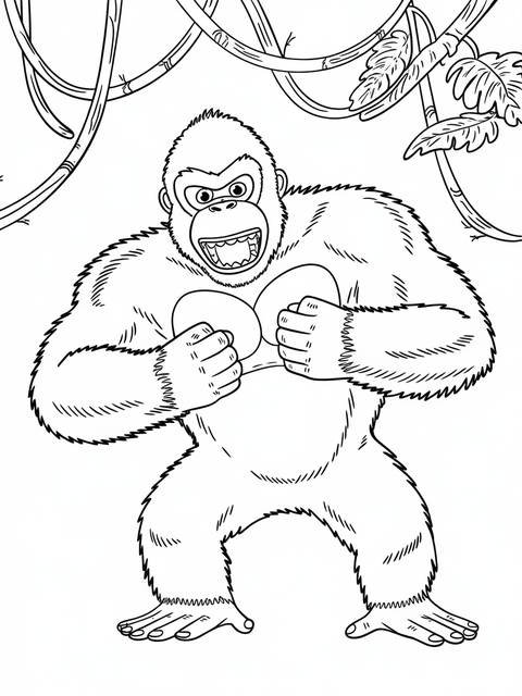 King kong beating his chest, a black and white coloring page illustration