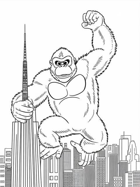 King kong climbing a skyscraper, depicted in a black and white coloring page