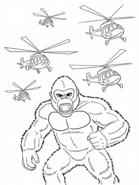 King kong facing off against helicopters, a coloring page illustration