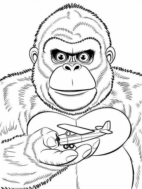 King kong holding a tiny airplane, a black and white coloring page illustration