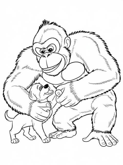 King kong interacting with a puppy, a friendly scene from the cover art