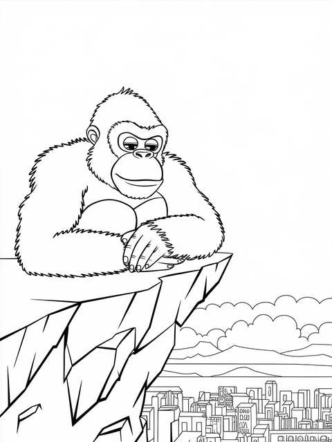 King kong resting on a rocky cliff overlooking a city, coloring page