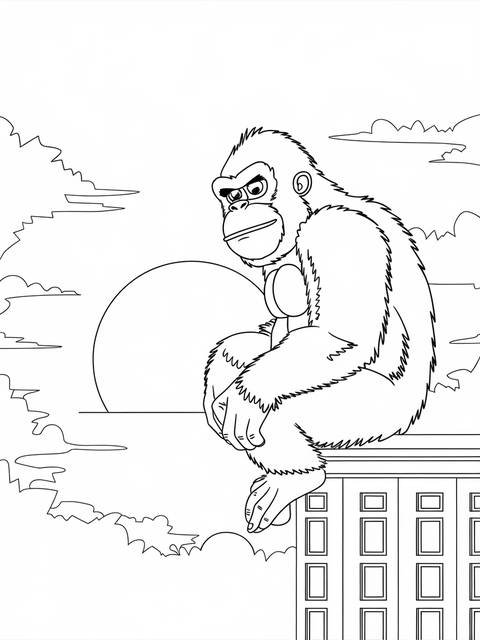 King kong sitting on a building's edge, a coloring page illustration