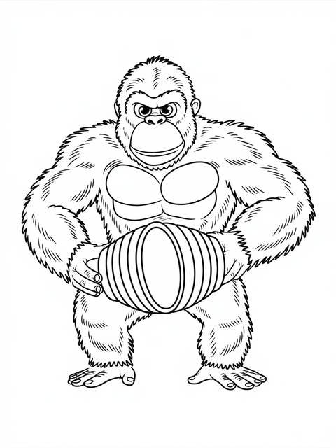 King kong holding a barrel, a coloring page illustration of the famous ape