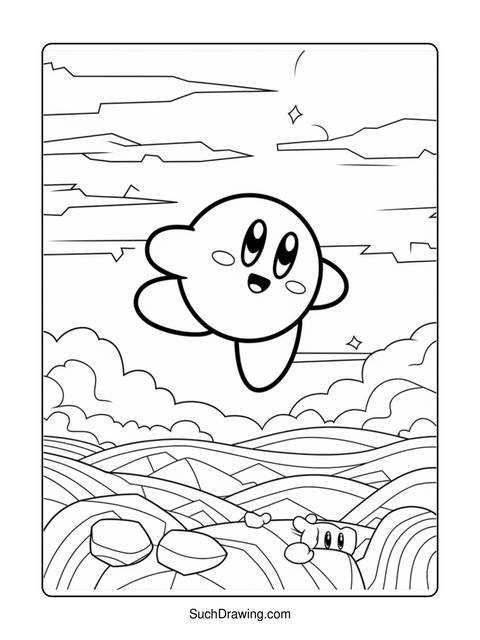 A coloring page featuring kirby flying over a landscape with clouds