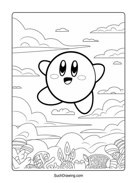 Line art of kirby character floating in a cloudy sky, ready to color