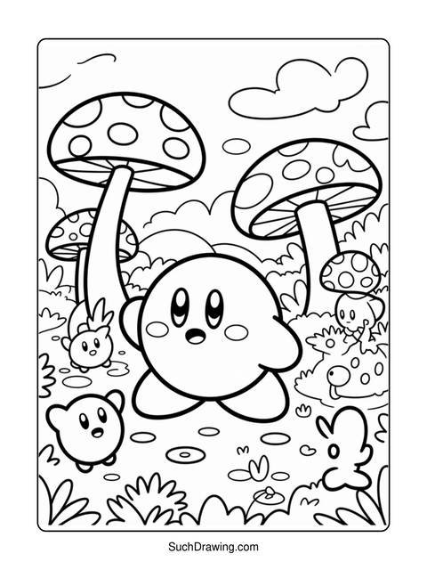 A black and white coloring page of kirby and other cartoon characters