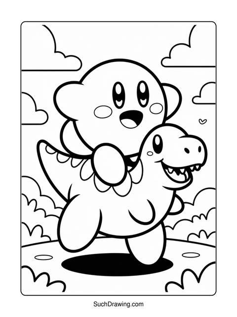 A cartoon character riding a dinosaur, both smiling with joy
