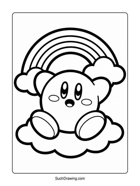 A cartoon character with a rainbow and clouds, ready to be colored