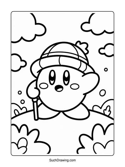 Black and white coloring page of kirby holding a stick, with clouds