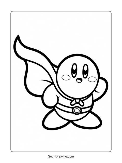 Black and white line art of a cartoon character with a cape