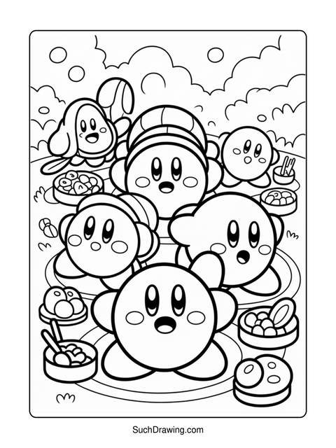 Black and white coloring page of kirby characters with food and clouds