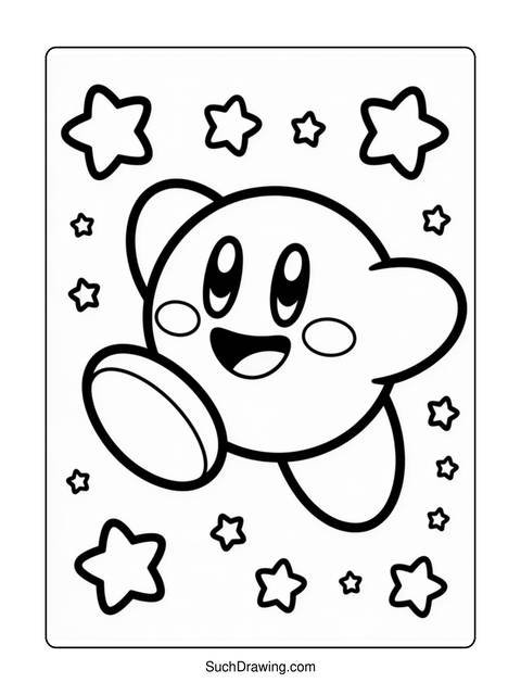 Black and white coloring page of a smiling character with stars