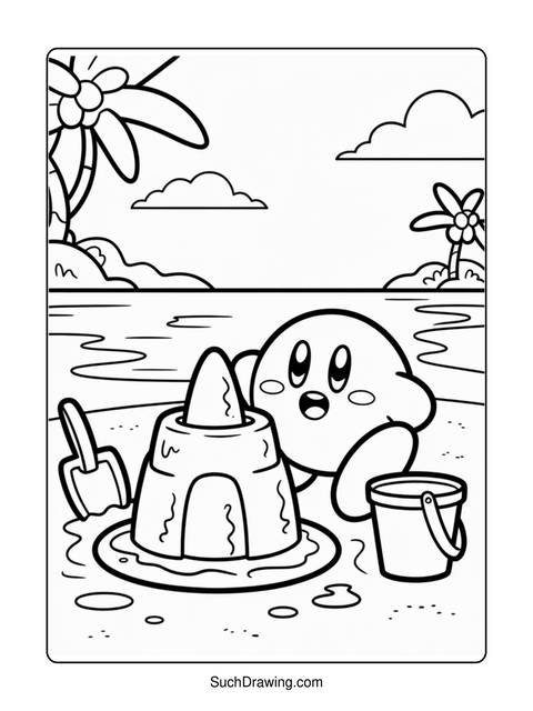 A cartoon character building a sandcastle on a beach with a bucket