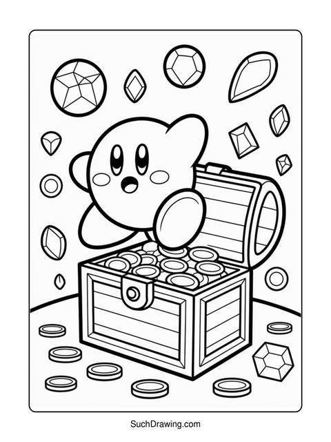 Kirby character standing near a treasure chest filled with coins and gems