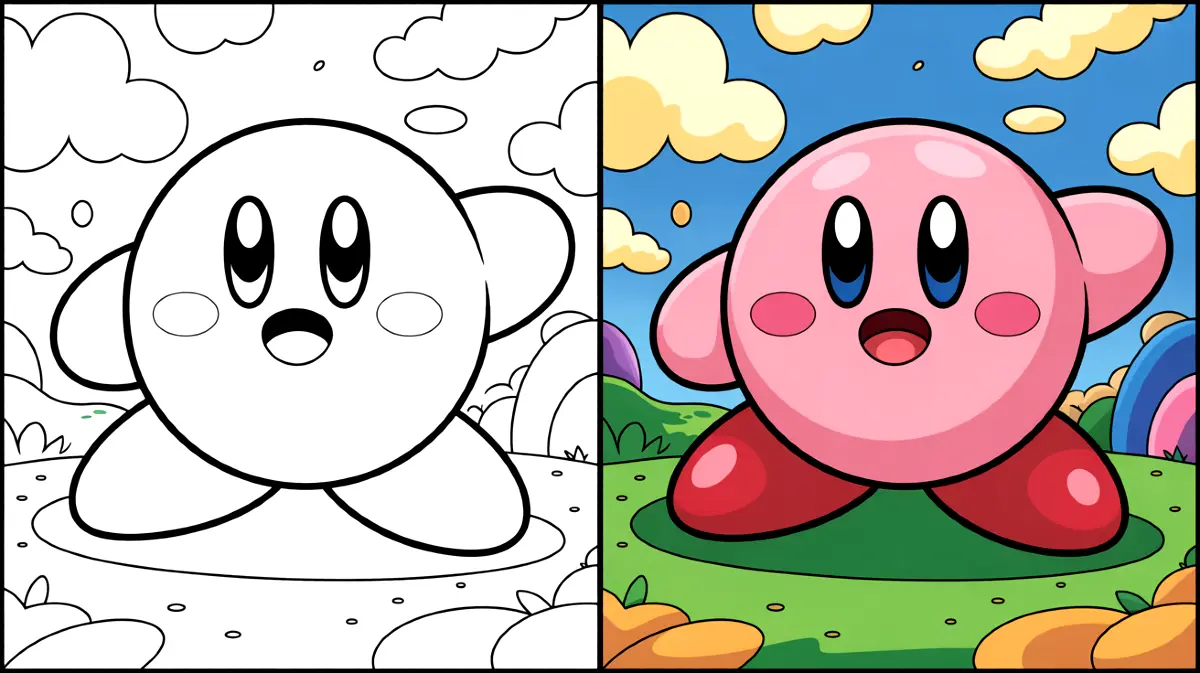 Kirby coloring page: a pink kirby character with a completed and blank version