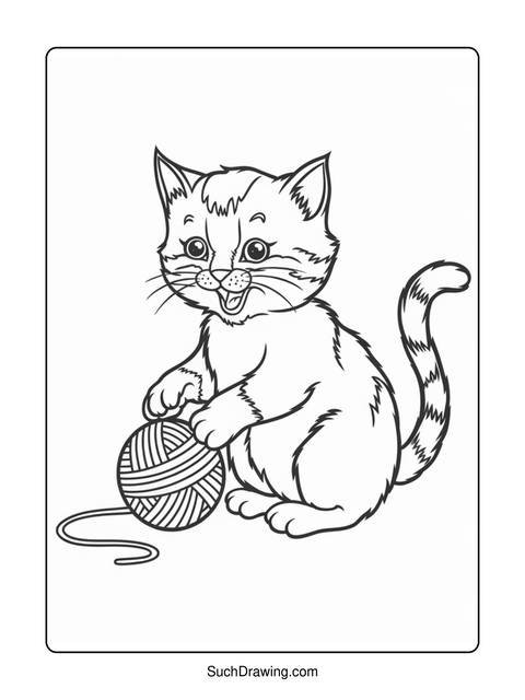 A cute kitten playing with a ball of yarn in a coloring page