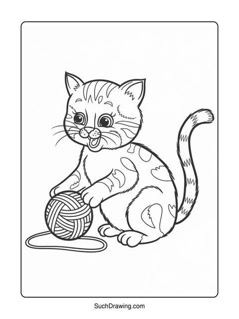 A line drawing of a playful kitten with a ball of yarn