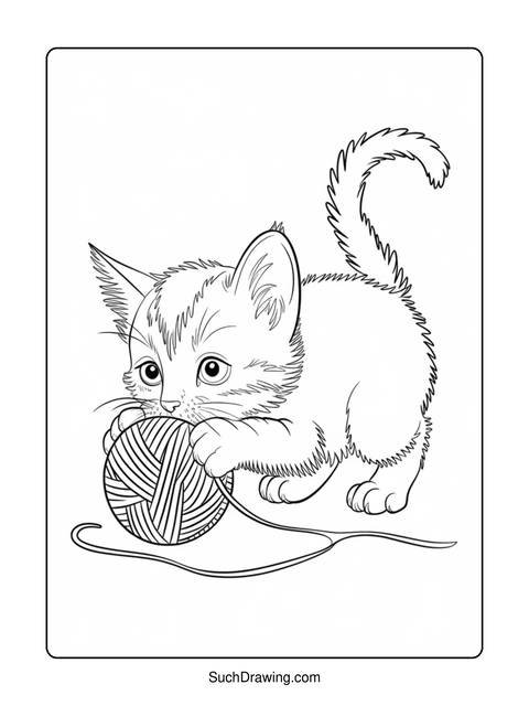Line art of a kitten playing with a ball of yarn