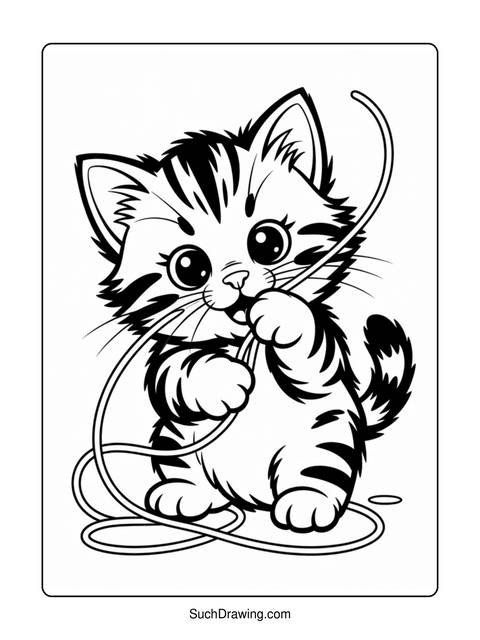 Black and white illustration of a cute kitten playing with a string