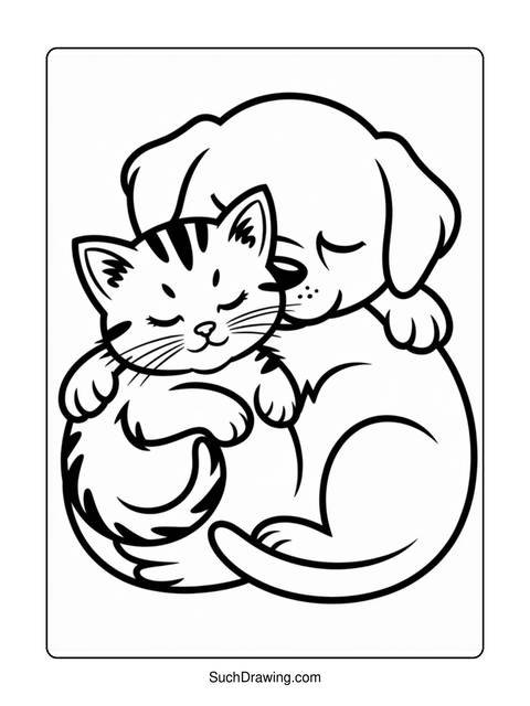A coloring page of a cat and dog hugging each other