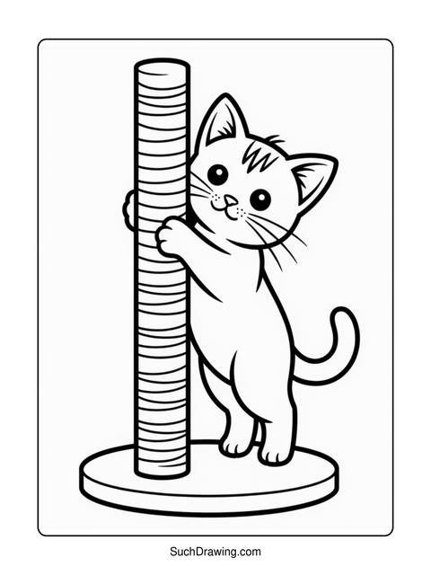 A cartoon cat stands next to a scratching post, looking at the viewer