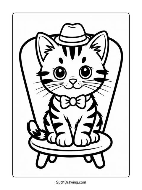 A cute kitten wearing a hat and bow tie, sitting on a chair