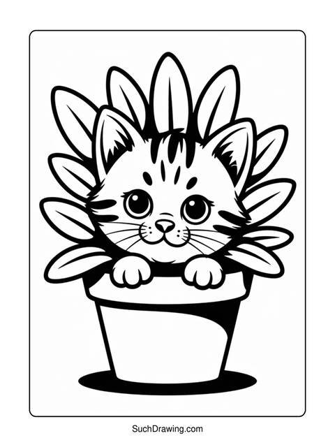 A cute cat peeking out from behind a flower in a flower pot