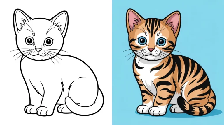 Kitten coloring page: a cute, seated kitten with black stripes and blue eyes
