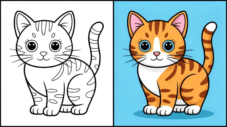 Kitty coloring pages: a cute cartoon cat, both colored and outline versions