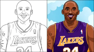 Kobe bryant coloring page: a two-panel image of the lakers basketball star