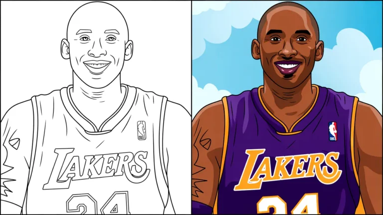 Kobe bryant coloring page: a two-panel image of the lakers basketball star