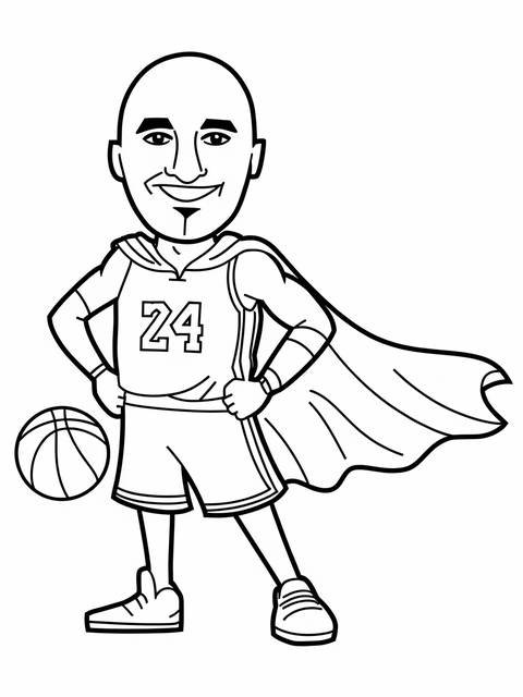 Cartoon illustration of kobe bryant, wearing a jersey and cape, holding a basketball
