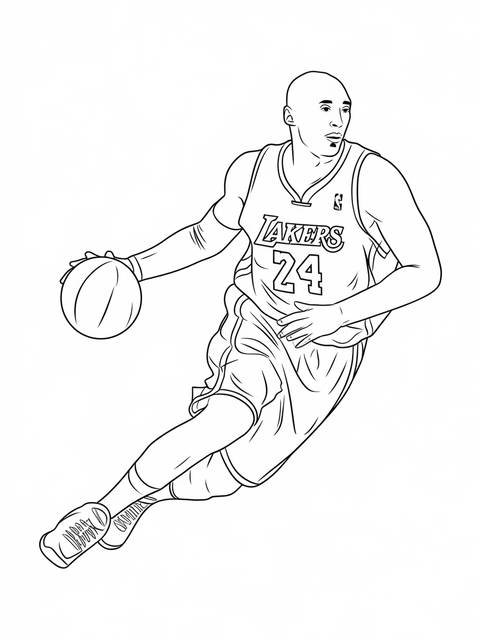 Line art of kobe bryant dribbling a basketball, wearing lakers jersey