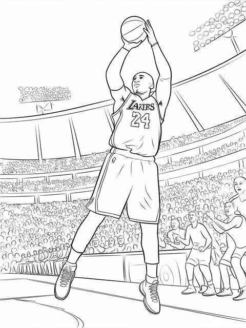 Kobe bryant shooting a jump shot, wearing lakers jersey number 24, on a court