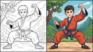 A two-panel kung fu coloring page featuring a martial artist in a fighting stance