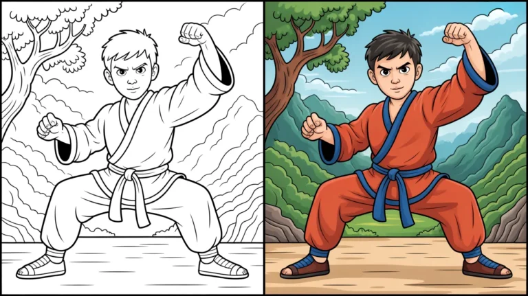 A two-panel kung fu coloring page featuring a martial artist in a fighting stance