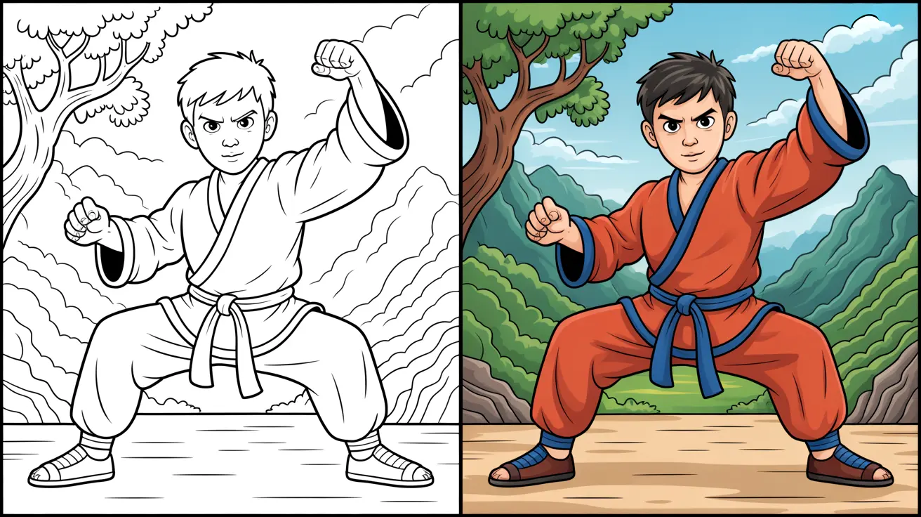A two-panel kung fu coloring page featuring a martial artist in a fighting stance