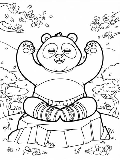 Kung fu panda's master shifu meditating, arms raised, on a rock, in a coloring page
