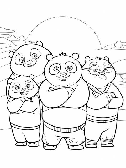 Kung fu panda po and his friends, a coloring page illustration, standing together