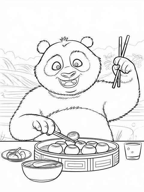 Kung fu panda po enjoys a dumpling feast, holding chopsticks and smiling widely