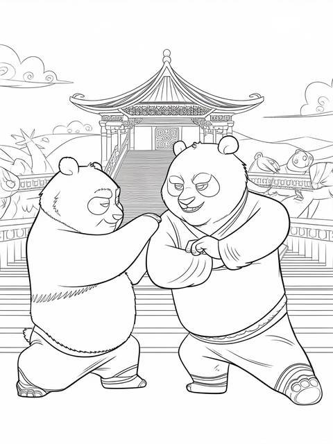 Kung fu panda po learning from his mentor in a black and white coloring page