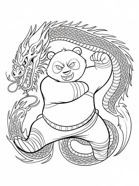 Kung fu panda, the dragon warrior, in a dynamic pose with a dragon