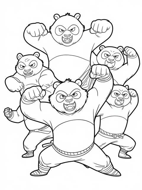 Kung fu panda's furious five, a coloring page, ready for action and adventure