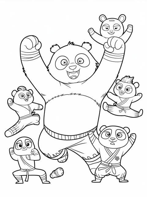 Kung fu panda coloring page featuring po and other animal characters in action