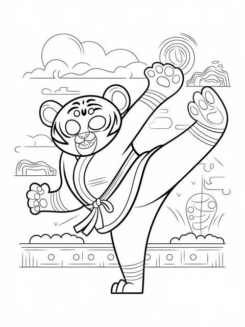 Kung fu panda's tigress demonstrating a high kick, a coloring page cover art
